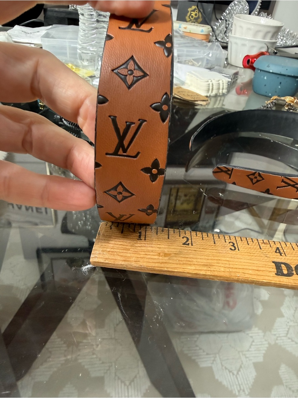 Louis Vuitton upcycled Brown Embossed reverse Monogram Leather Headband new - Picture 4 of 6